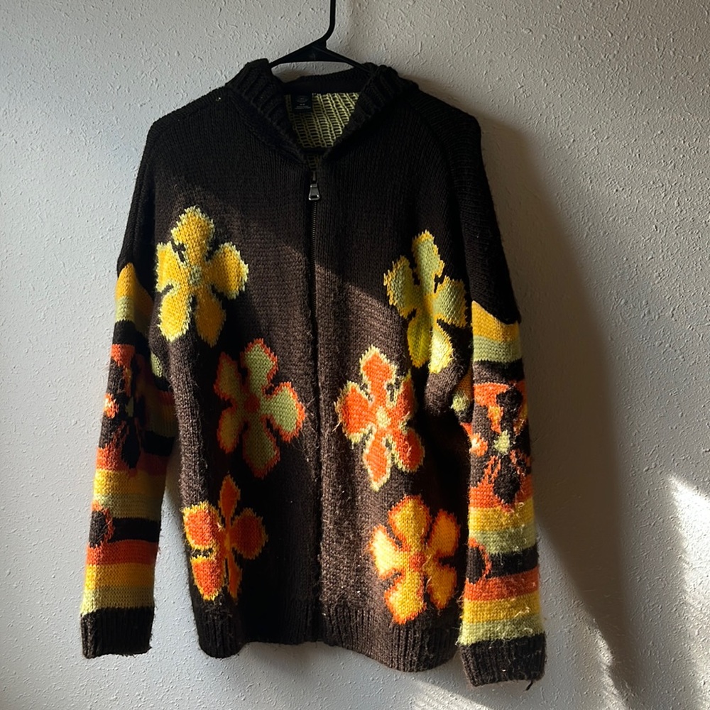 Urban Outfitters Brown Groovy Flower Zip Hooded Sweater